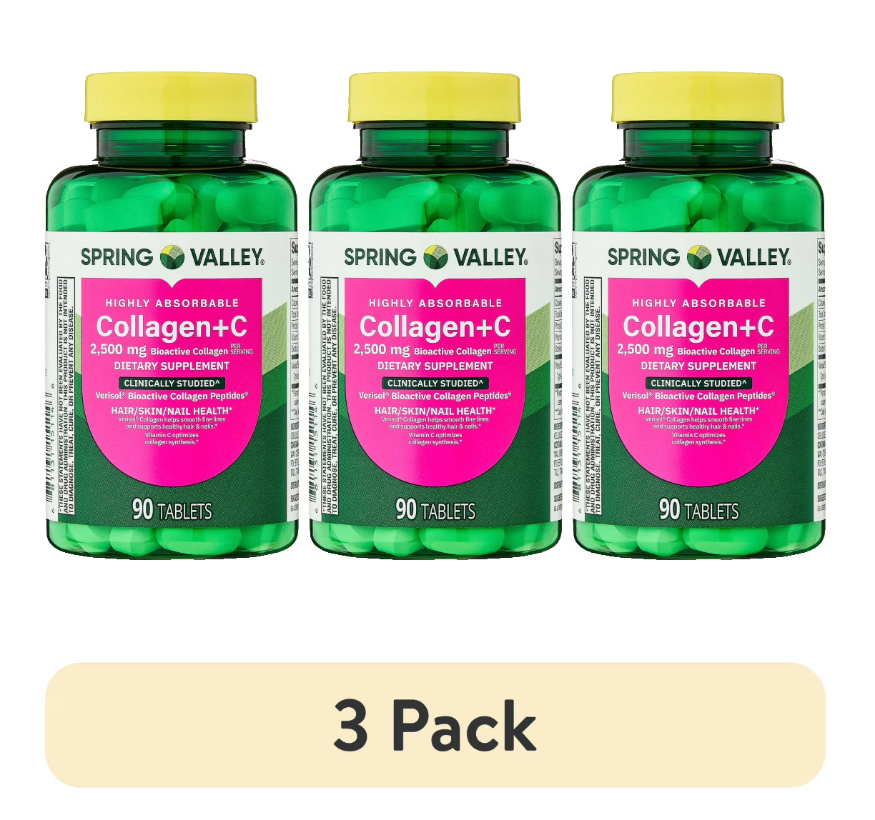 3 Pack Spring Valley Collagen + C 2500mg 90 Tabs Hair Skin Nail