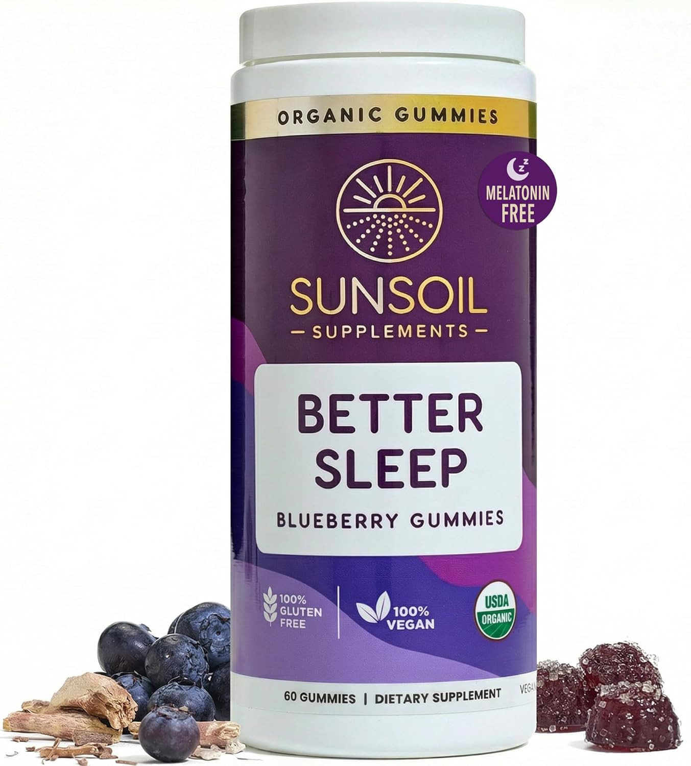 Sunsoil Better Sleep Organic Gummies, No Melatonin, Ashwagandha, USDA Certified