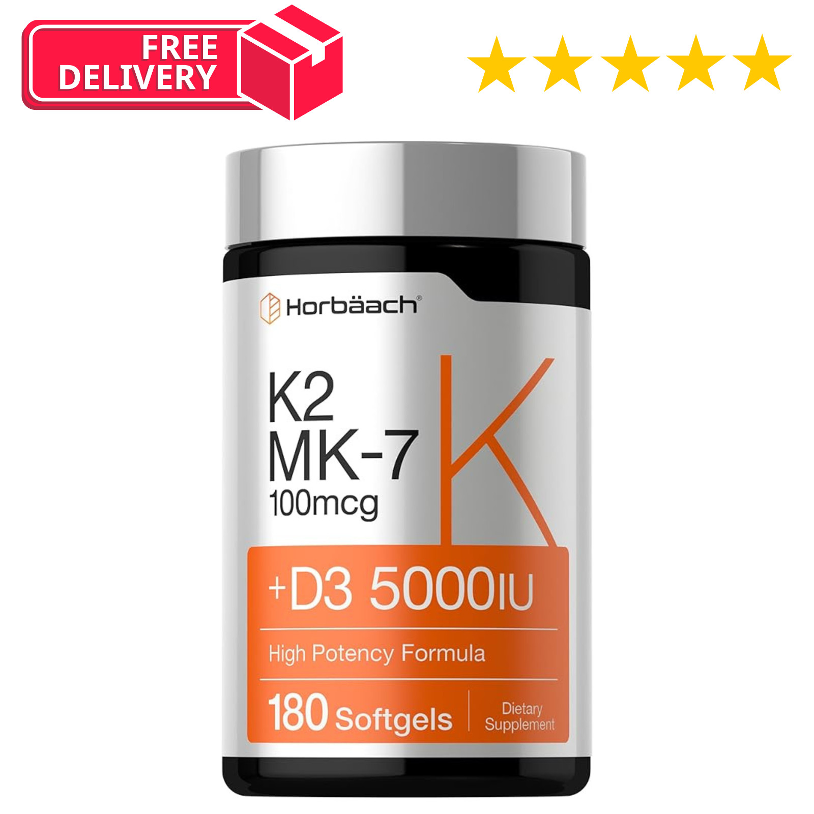 Horbäach Vitamin D3 K2 5000 iu | 100mcg MK-7 Complex | 180 Softgel Capsules | No