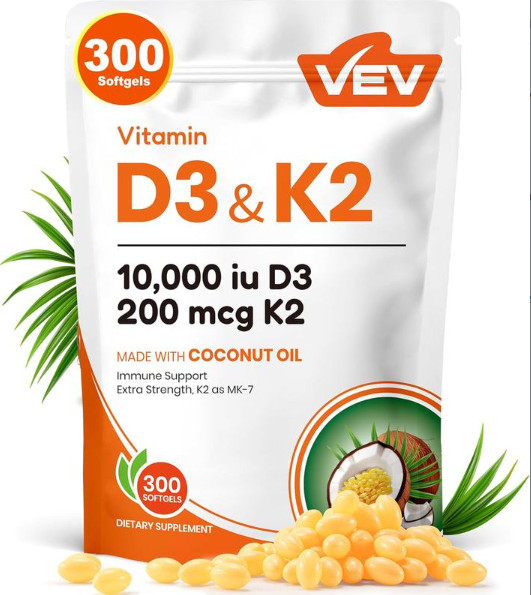 VEV 2-in-1 D3 K2 10000 IU Softgels, 300ct Virgin Coconut Oil Supplement