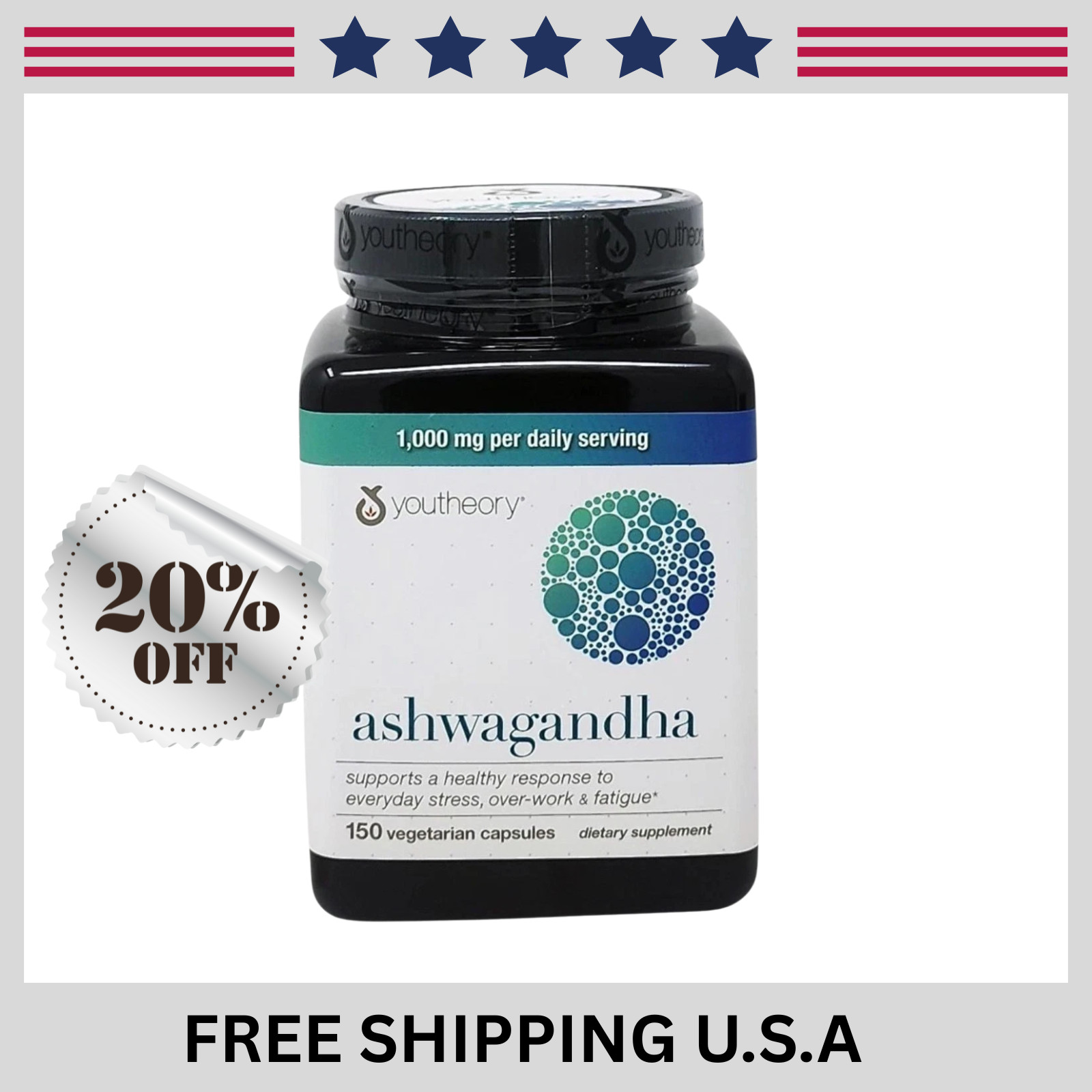 Ashwagandha youtheory  1000 mg, 150 Vegetarian Capsules free shipping USA pack 1