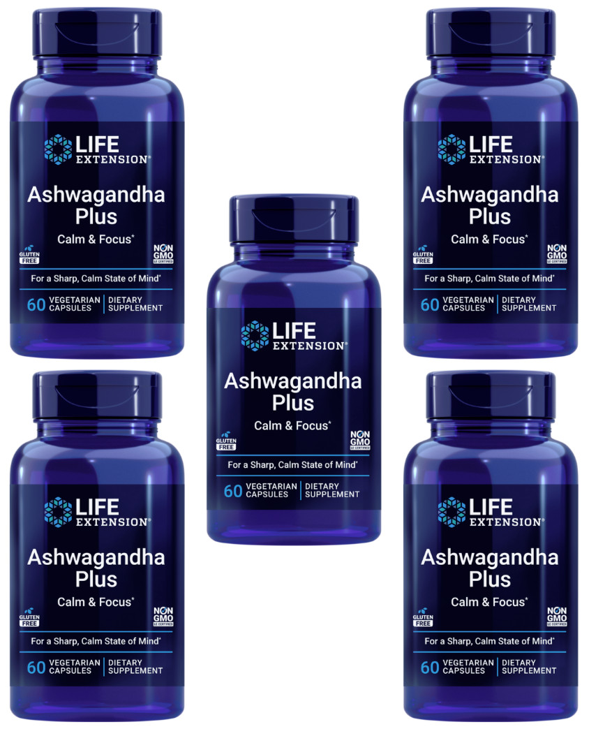 5PACK Life Extension Ashwagandha Plus Calm and Focus Mind Supplement 60 Veg Caps