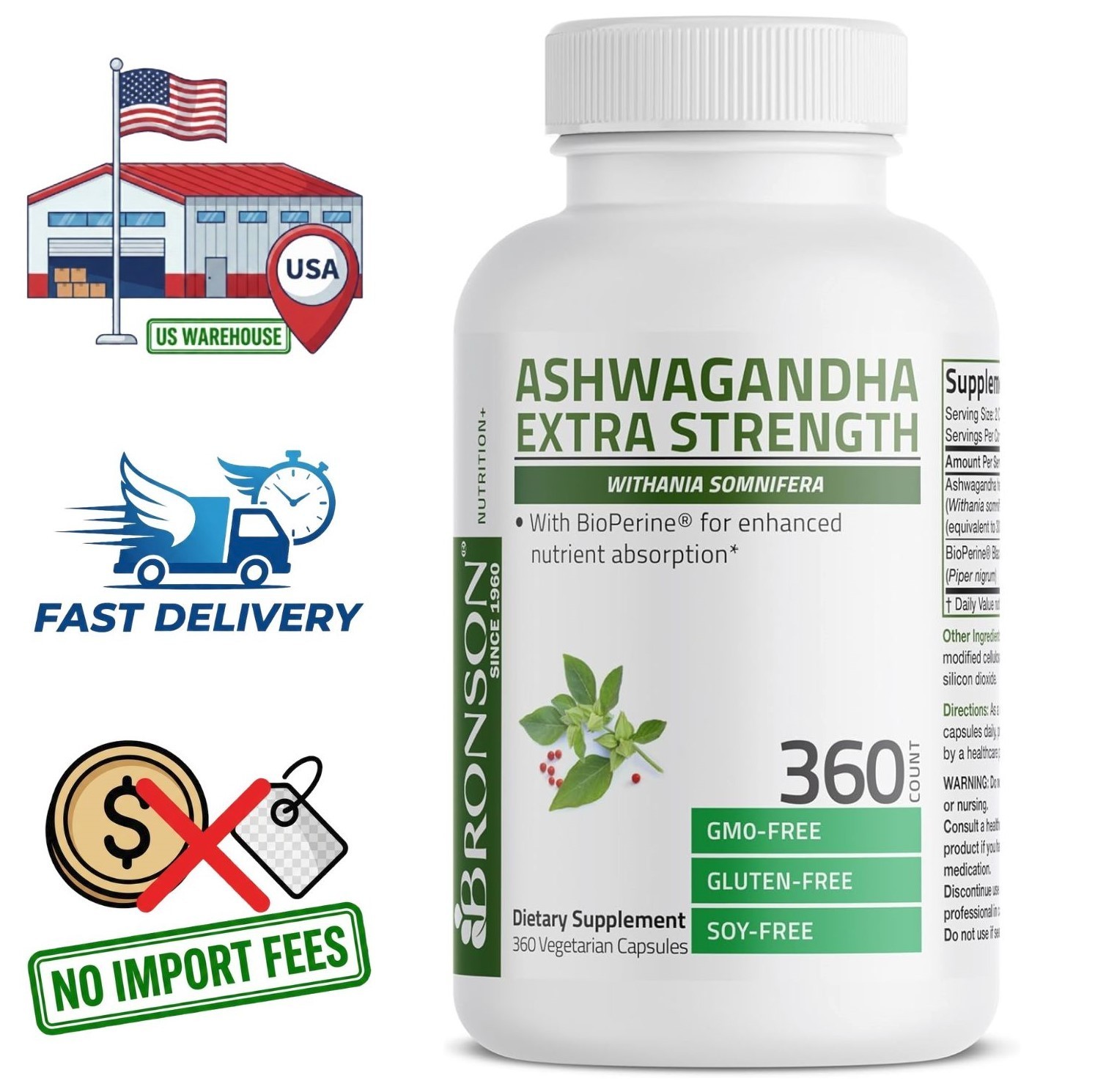 Ashwagandha en Polvo con Extracto de Pimienta Negra BioPerine 360 Cápsulas