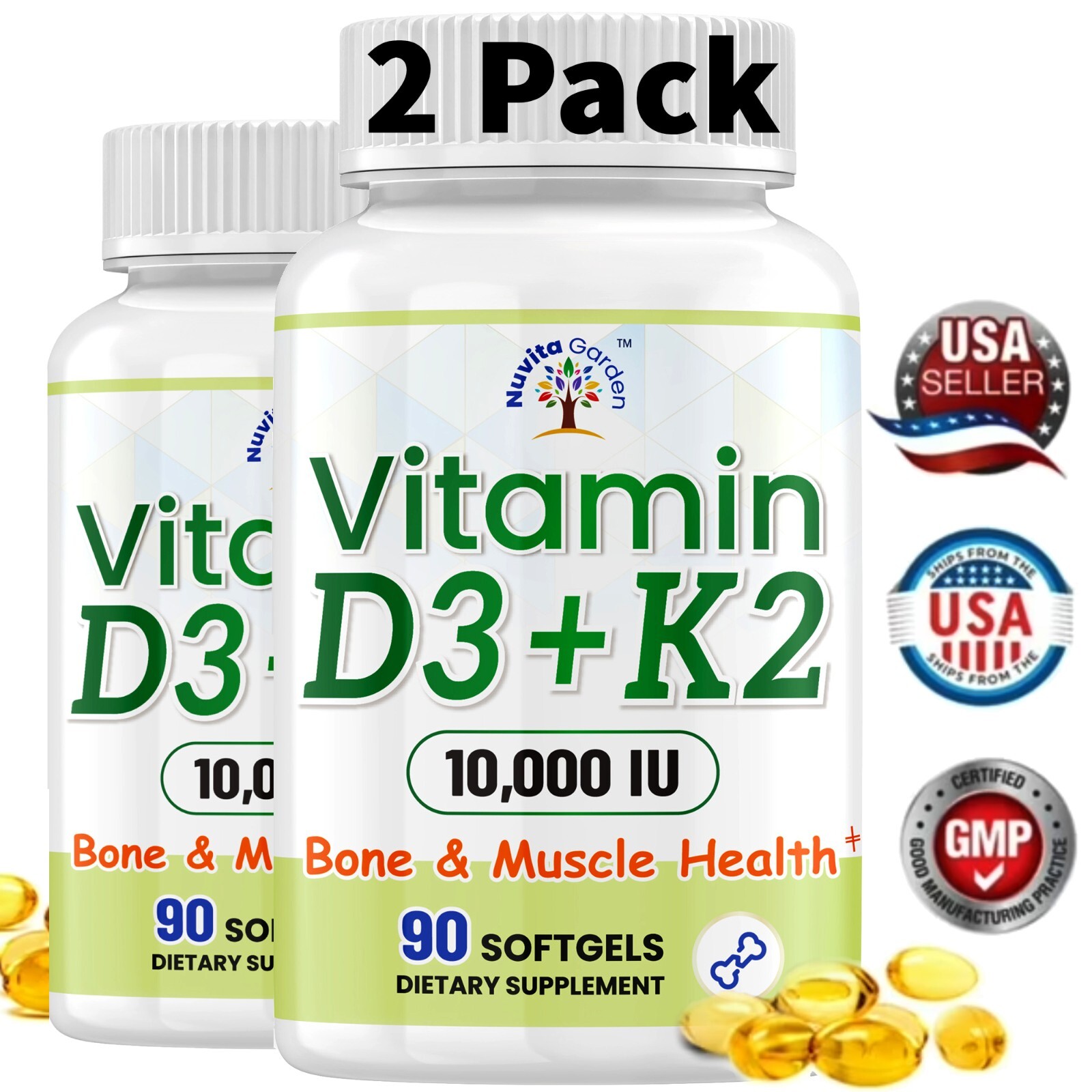 Vitamin D3 K2 10000 IU, 2-in-1 Vitamin D3 K2 Supplement Coconut Oil Softgels