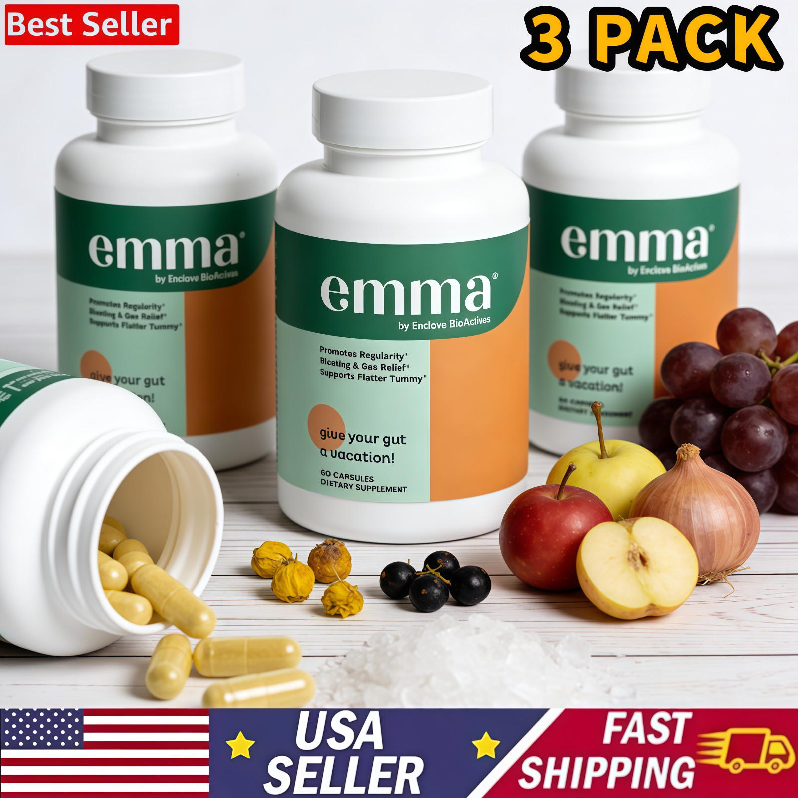 3 Pack Emma Gut Health Supplement 180 Capsules for Bloating Relief & Leaky Gut
