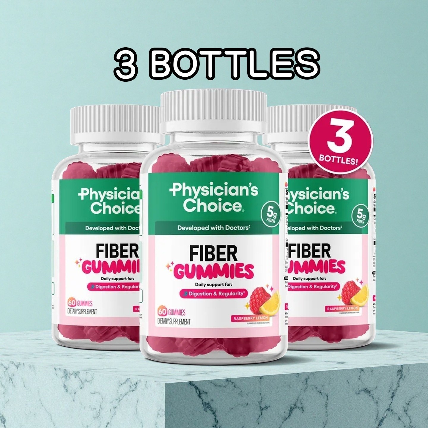 NEW 3 BOTTLES Physician’s Choice Fiber Gummies: Digestive Health & Regularity