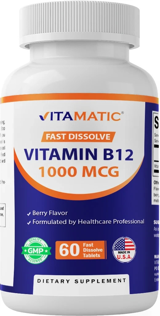 Vitamatic Vitamin B12 1000 mcg Fast Dissolve – 60 Tablets – Natural Berry Flavor