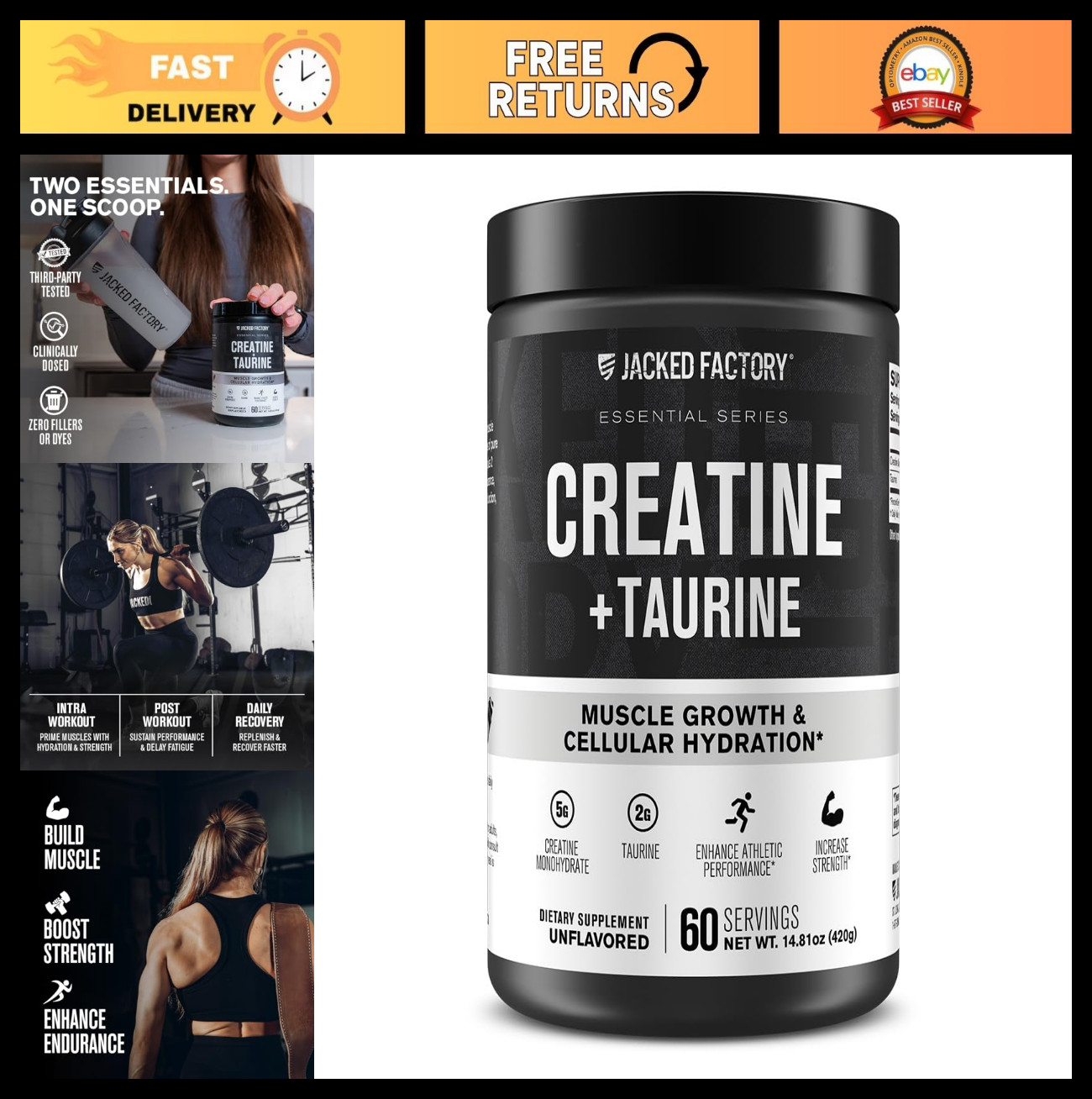 Creatine Monohydrate 5000mg + Taurine 2000mg – Muscle Strength & Hydration, 60 S