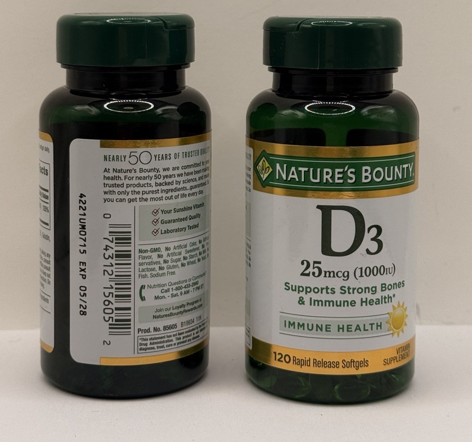 Nature’s Bounty Vitamin D3 1000IU 120 Softgels 2 Pack Bone & Immune Exp 05/2028