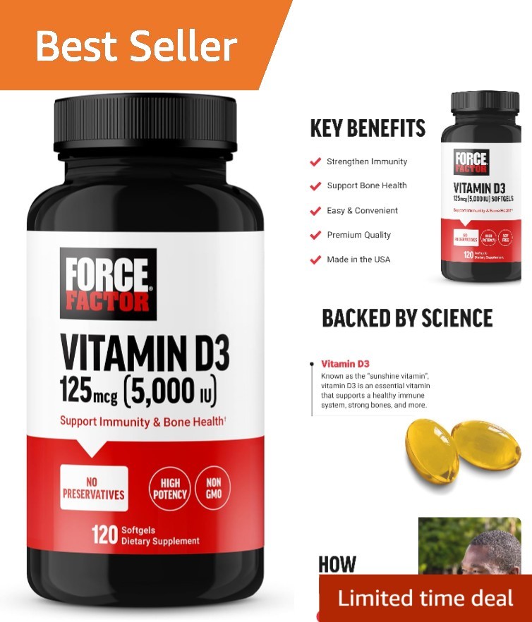 USA Made Vitamin D3 5000 IU Softgels for Strong Bones and Immunity