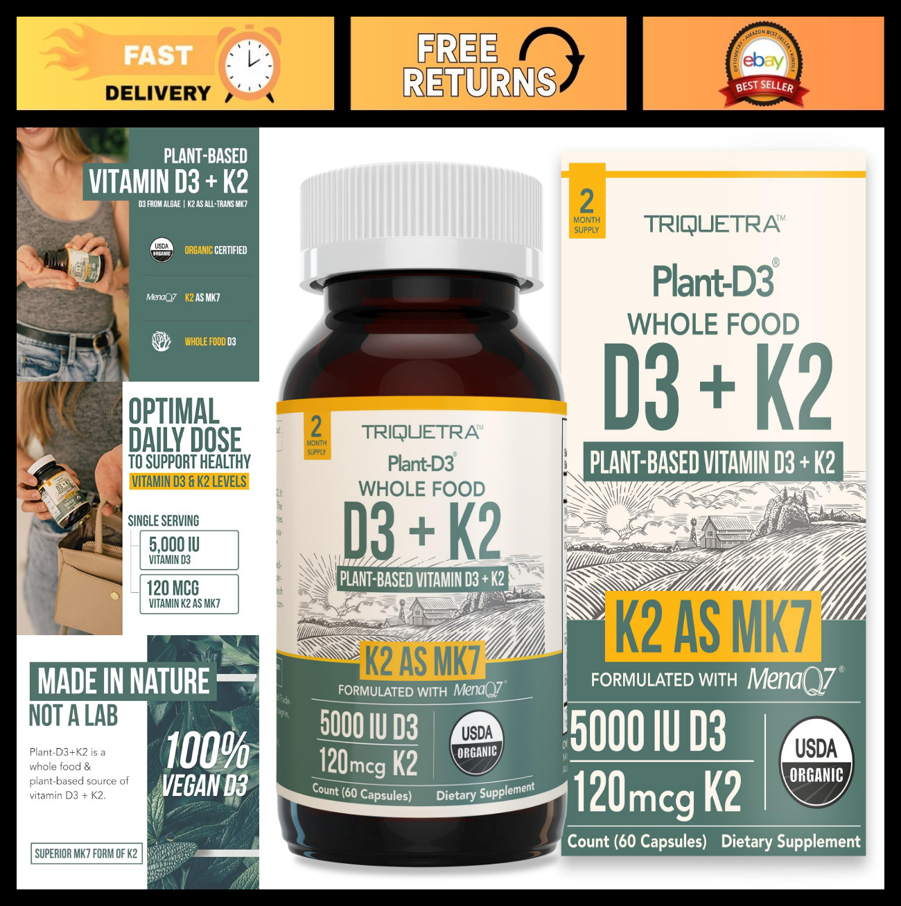 Organic D3 + K2 Supplements | 5000 IU D3 & 120 mcg K2 | Vegan, Raw, Whole Food,