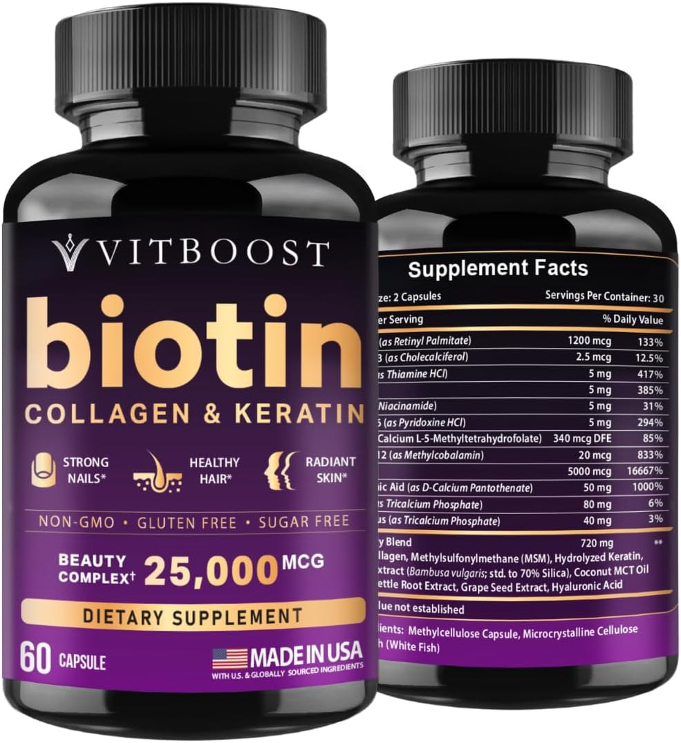 Biotin with Hyaluronic Acid, Collagen and Keratin – 25000 Mcg Hair Growth Vitami