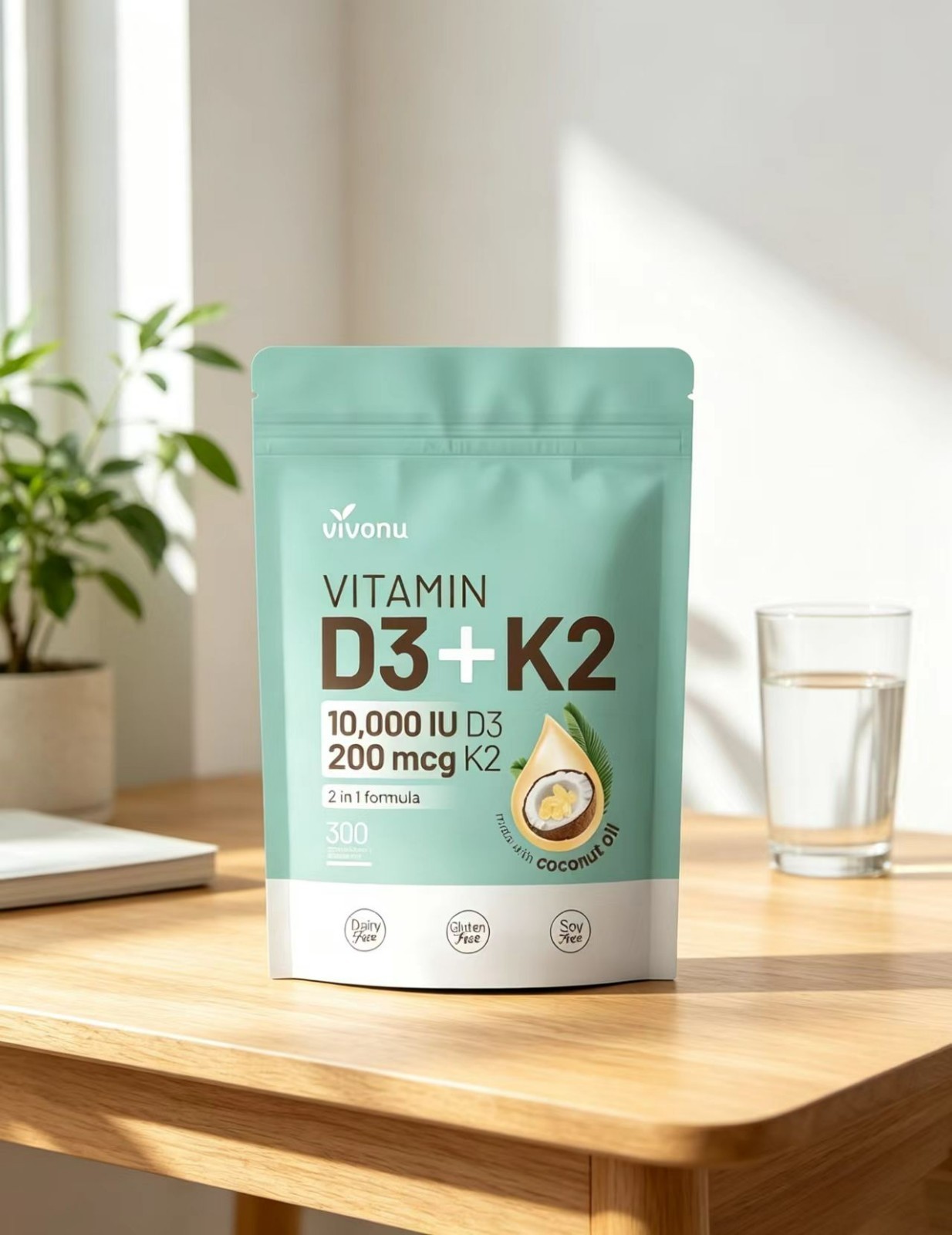 Vivonu Vitamin D3 10000 IU + K2 MK-7 200 mcg, 300 Softgels – Coconut Oil Enhance