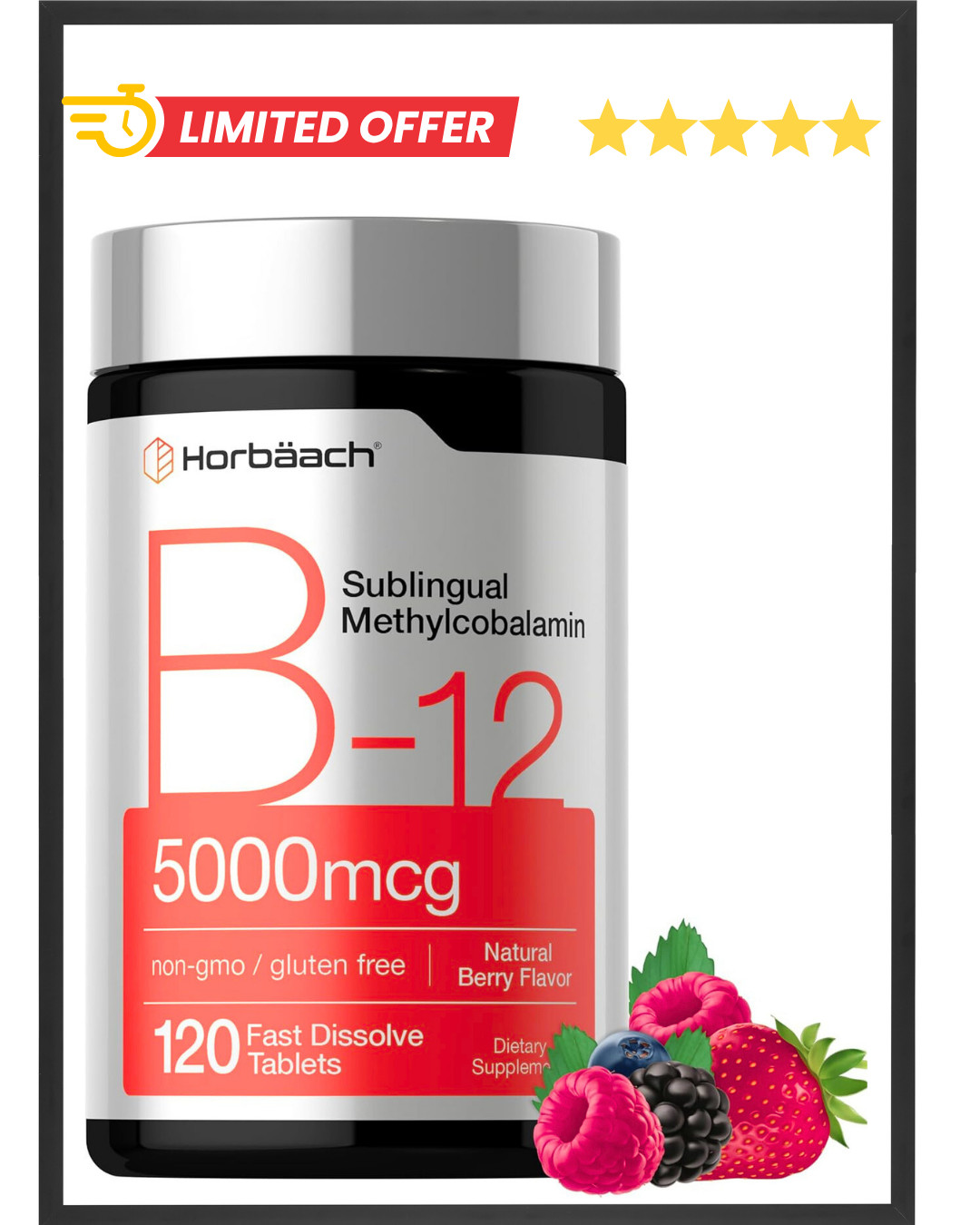 B12 Sublingual Methylcobalamin | 5000mcg | 120 Dissolvable Tablets | by Horbaach