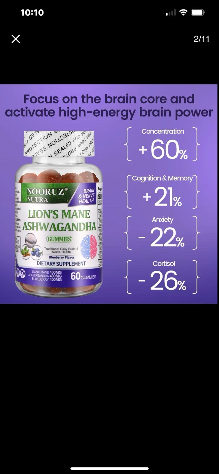 Ashwagandha Lions Mane Bluberry  Gummies Vegan Plant-Based Extracts