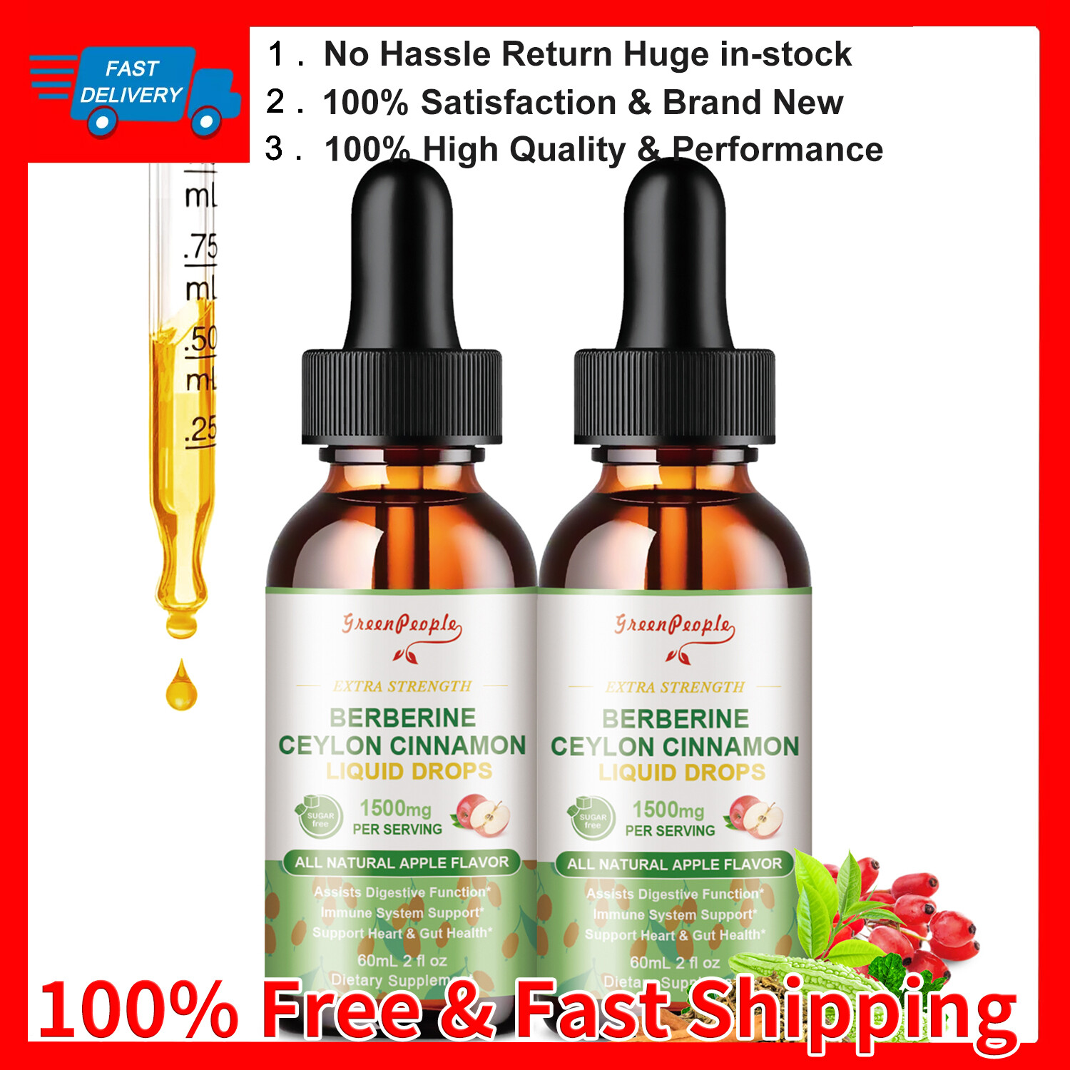 2 Pack Berberine Ceylon Cinnamon Liquid Drops 1500mg PER SERVING 120ml
