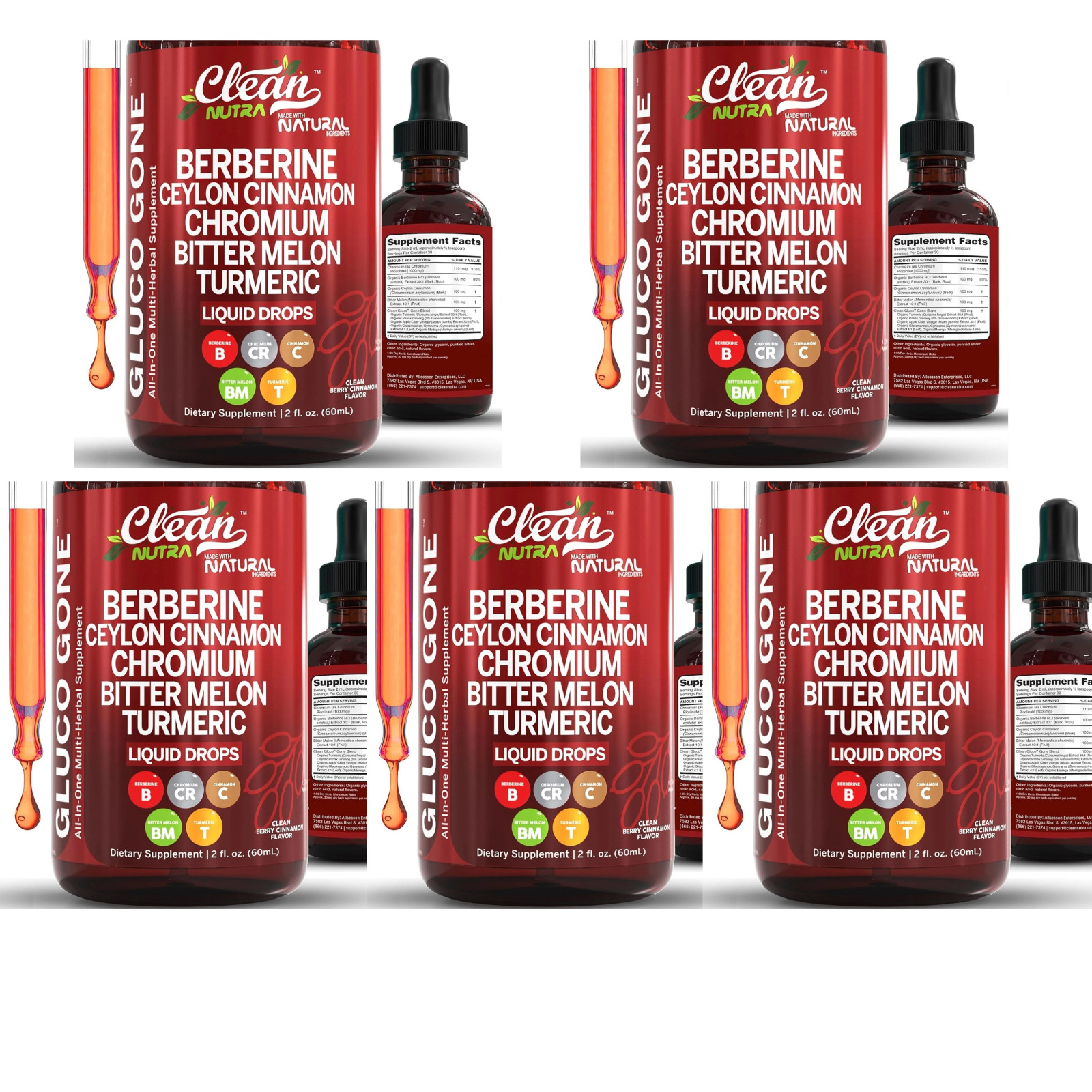 Berberine 3000mg Gymnema/Apple Cider Vinegar/Chromium/Ceylon Cinnamon 5X2ozDrops