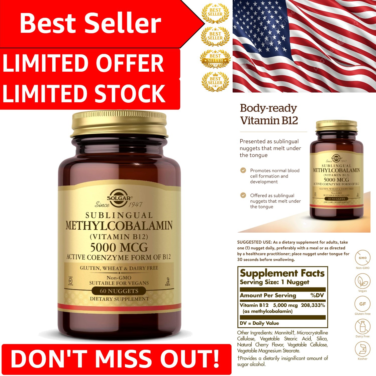 Energy-Boosting B12 Nuggets – 5000 mcg of Methylcobalamin,  & Gluten Free