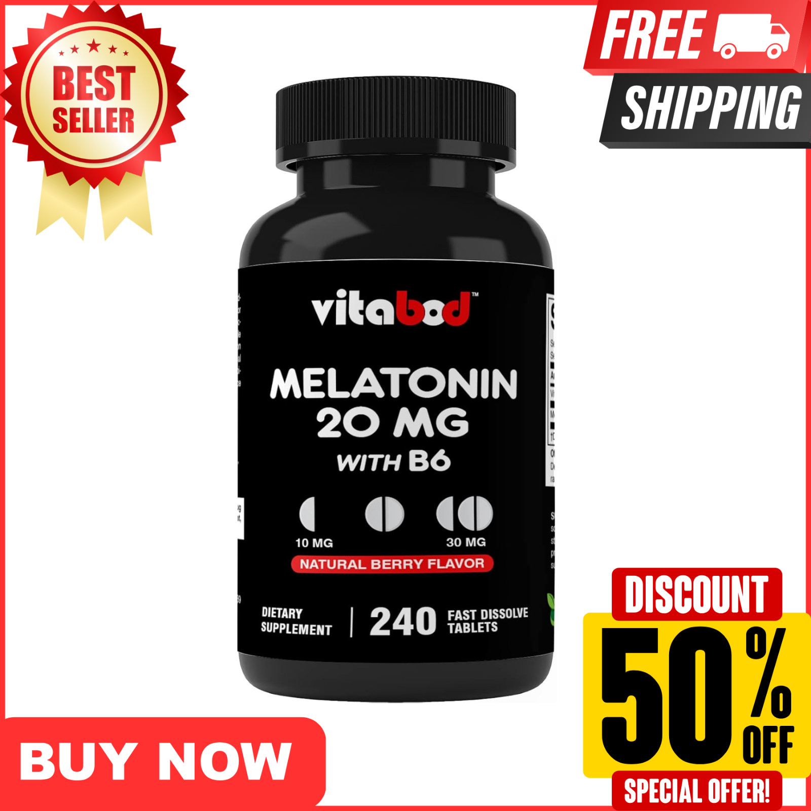 Melatonin 20mg High Potency Natural Sleep Aid Berry Flavor 240 Fast Dissolve TAB