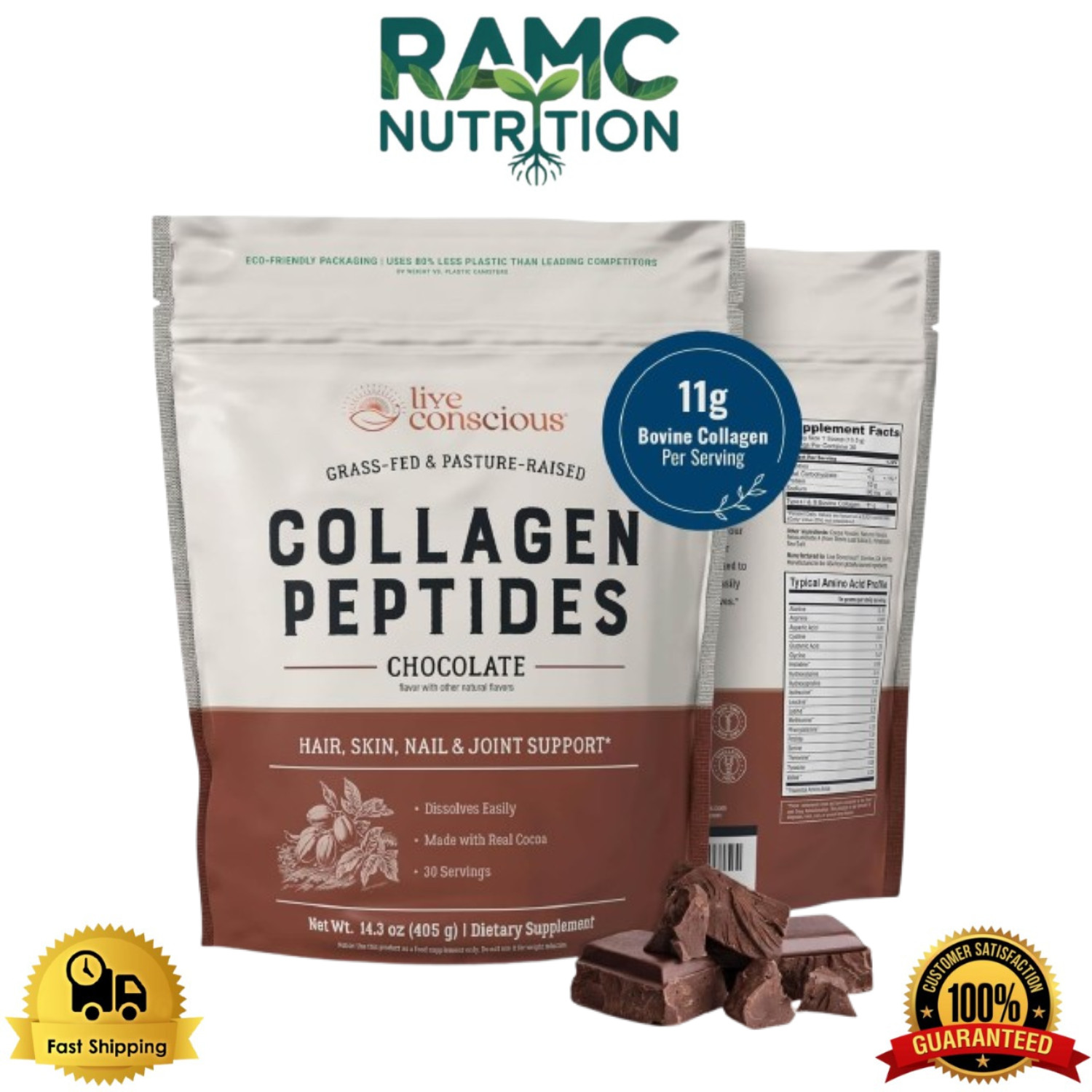 Live Conscious Collagen Peptides Powder, Chocolate Collagen Powder – 30 Servings
