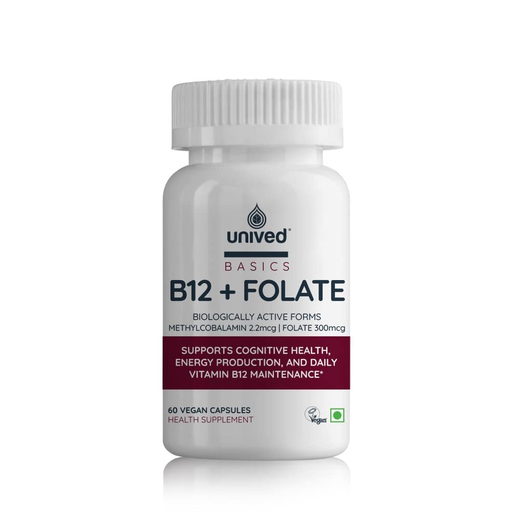 Unived Basics B12+Folate  Vitamin B12 60 Vegan Capsules Long Expiry