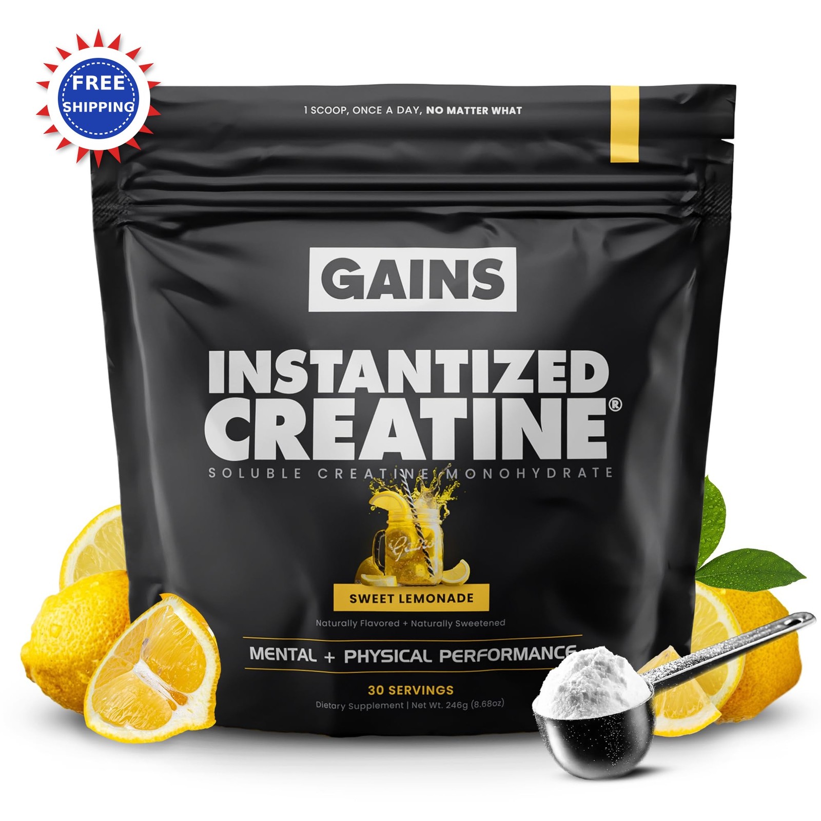 Creatine Monohydrate Instantized Powder 30 Servings Sweet Lemonade Gains Bulk