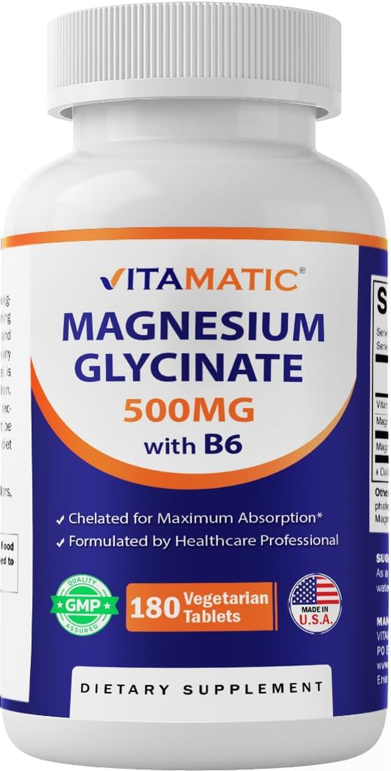 Vitamatic Magnesium Glycinate 500Mg per Tablet – 180 Vegetarian Tablets (Uncoate