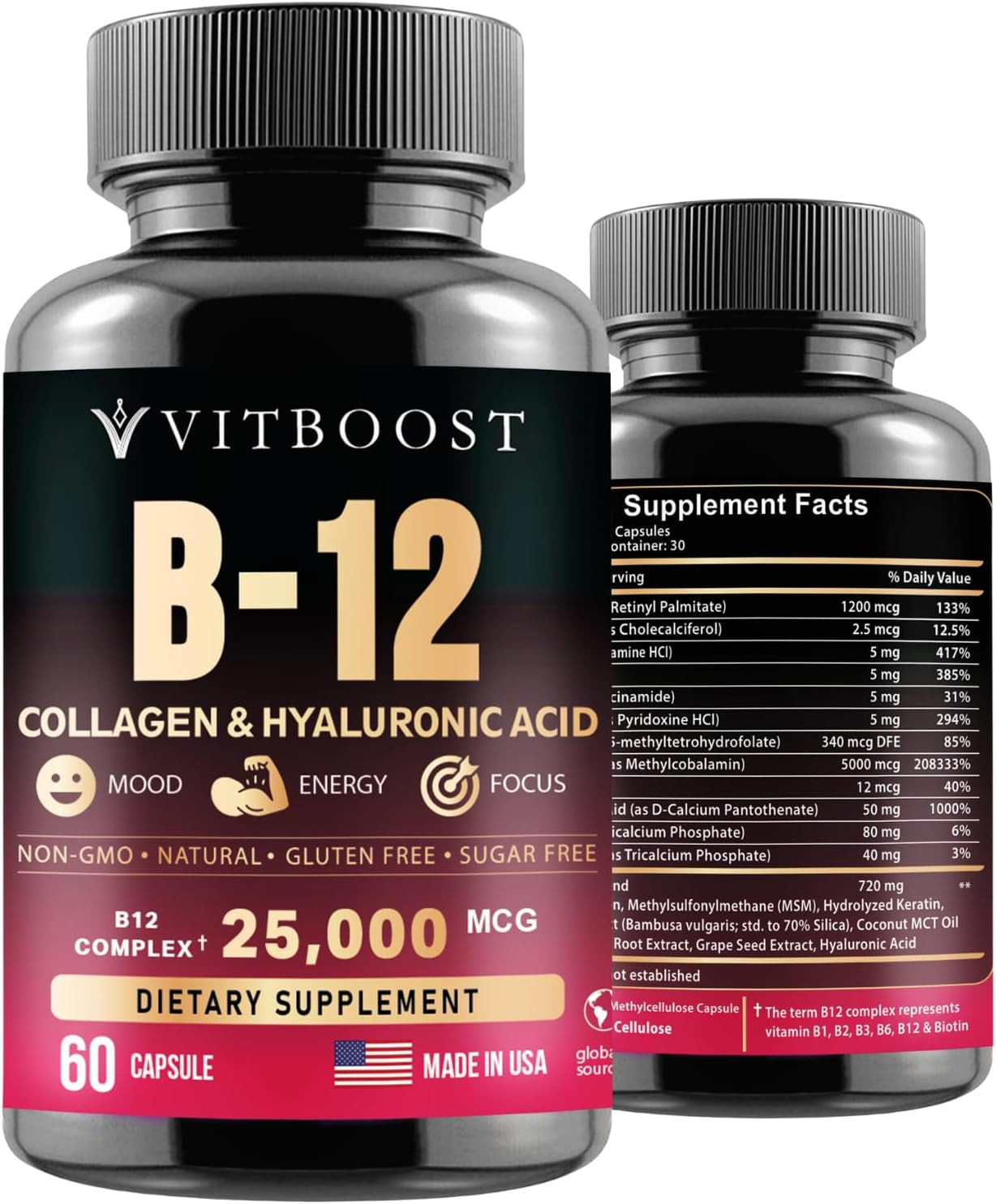 B12 with Hyaluronic Acid, Collagen and Folate – 25000 Mcg B12 Complex | Maximize