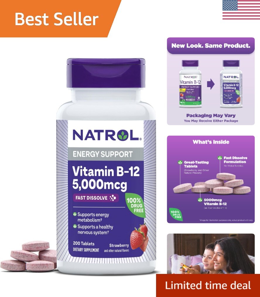 Convenient Strawberry Flavor Fast Dissolve Vitamin B12 5000 mcg – 200 Tablets