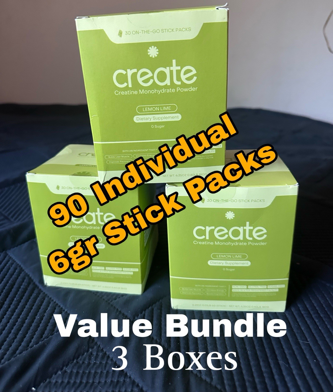Create Creatine Monoh Powd (3) Boxes LemLime sug Free Stick Packs Tot (90)sticks