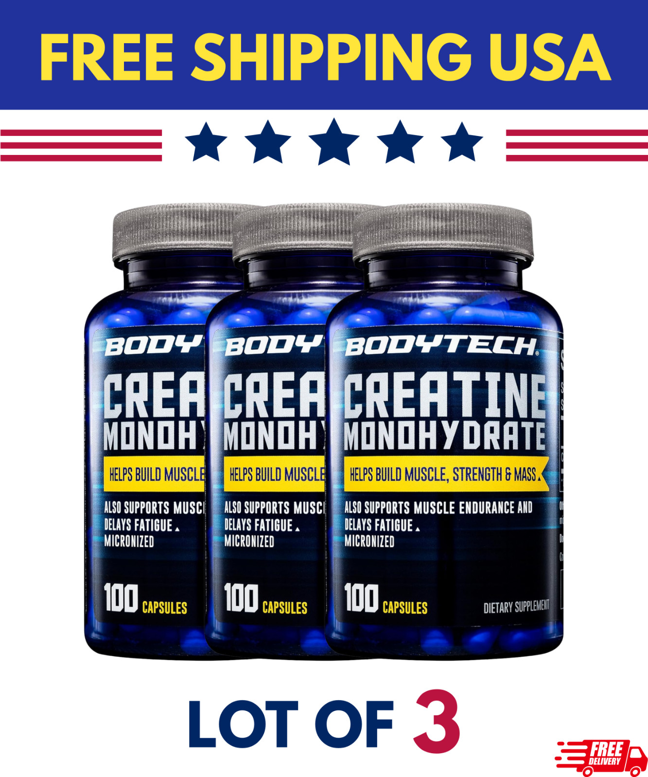 BodyTech Creatine Monohydrate 100 Capsules Muscle Growth Strength – Lot of 3