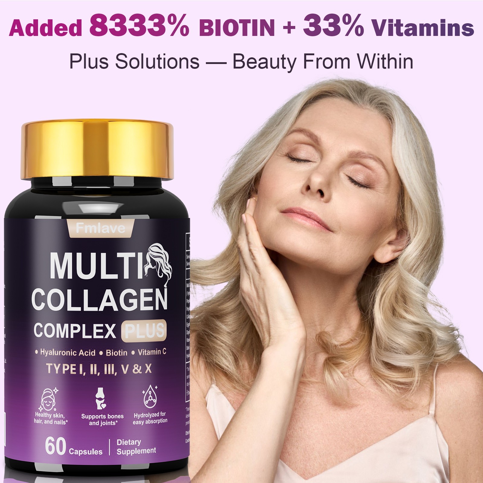 Collagen Hydrolyzed + Vitamin C Collagen Peptides – Hair Skin & Nails – 60 Caps