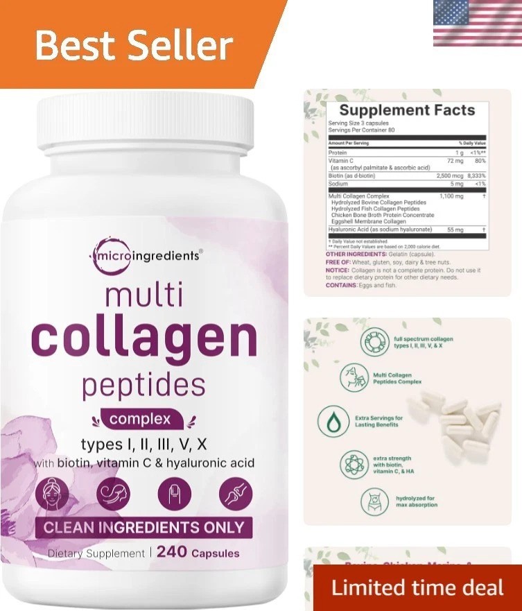 Multi Collagen Pills for Women & Men, 240 Capsules | Type I, II, III, V, X | …