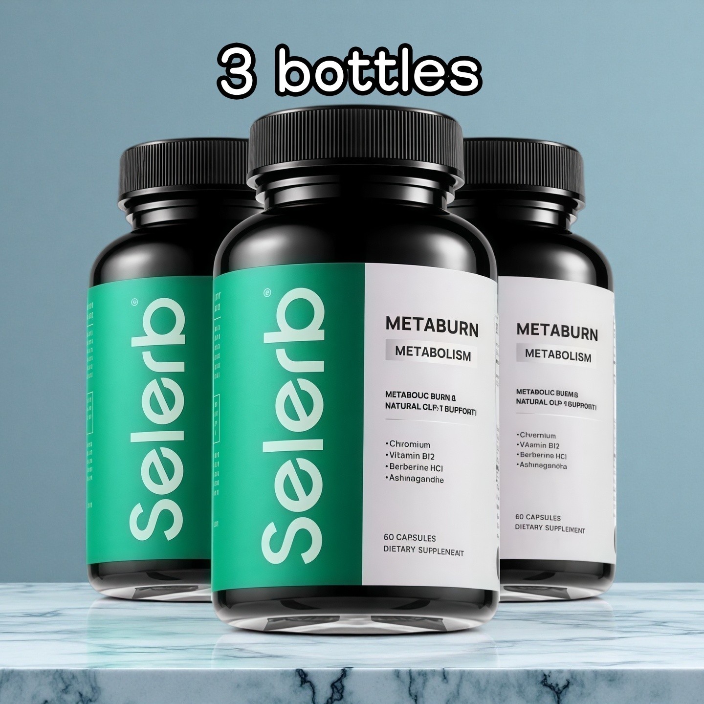3PCS Selerb Metaburn-Chromium, B12 & Berberine HCl 60 Caps for Nutrient Support