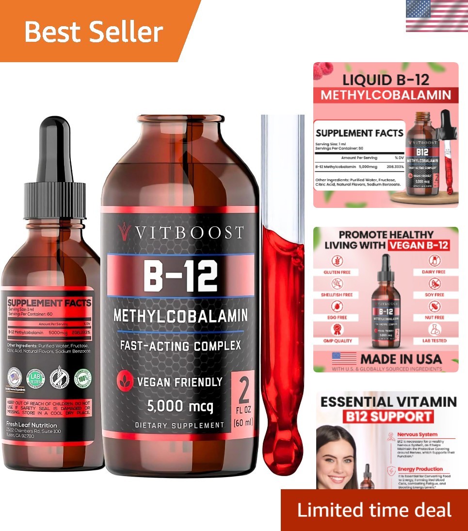 Liquid B-12 Drops – 60 x 5000 mcg Extra Strength Raspberry Flavored Vitamin B…