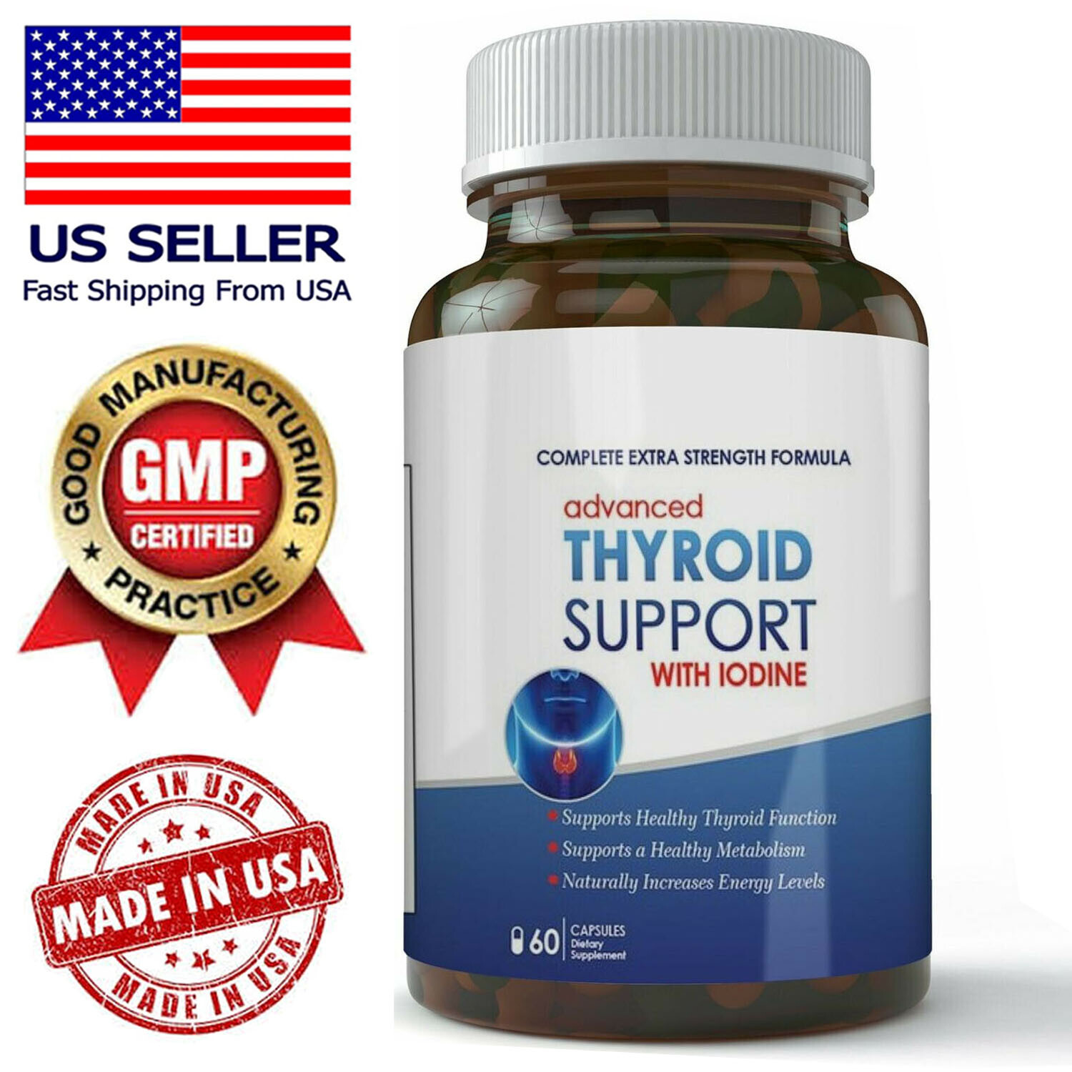 Thyroid Support Energy Weight Management with Iodine Dietary Supplement 60 Caps