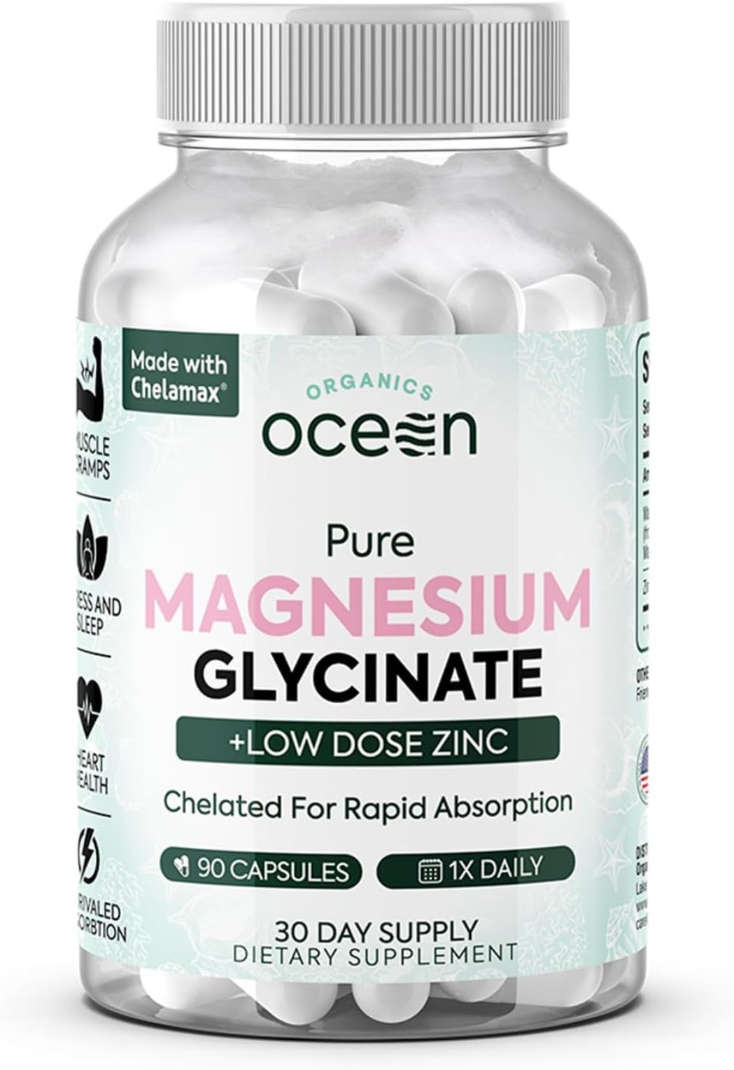 Organics Ocean Pure Magnesium Glycinate  for Women and Men  90 Capsule sealed
