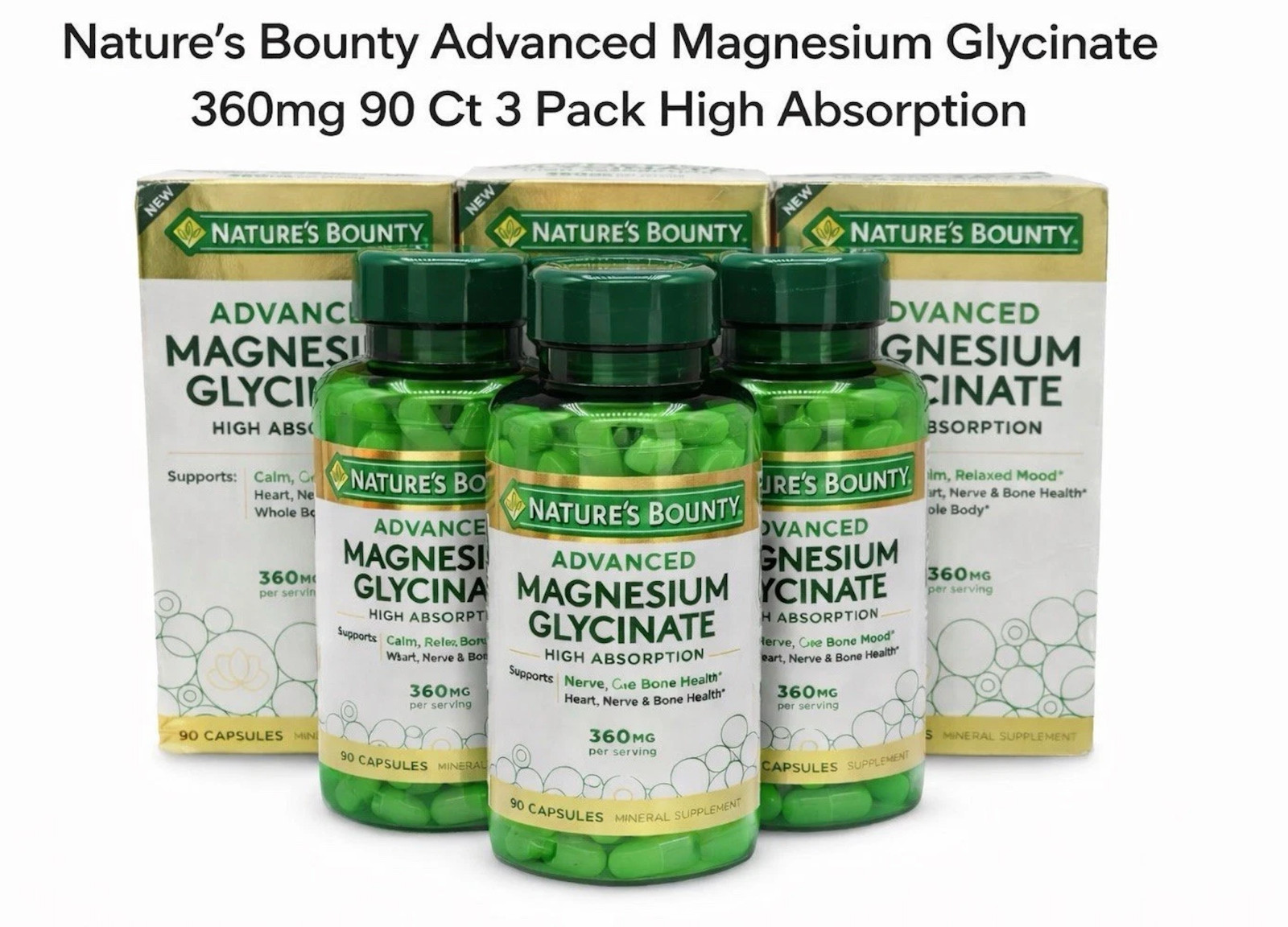 Nature’s Bounty Magnesium Glycinate 360mg 90 Cap High Absorption Exp 9/28-3 PK