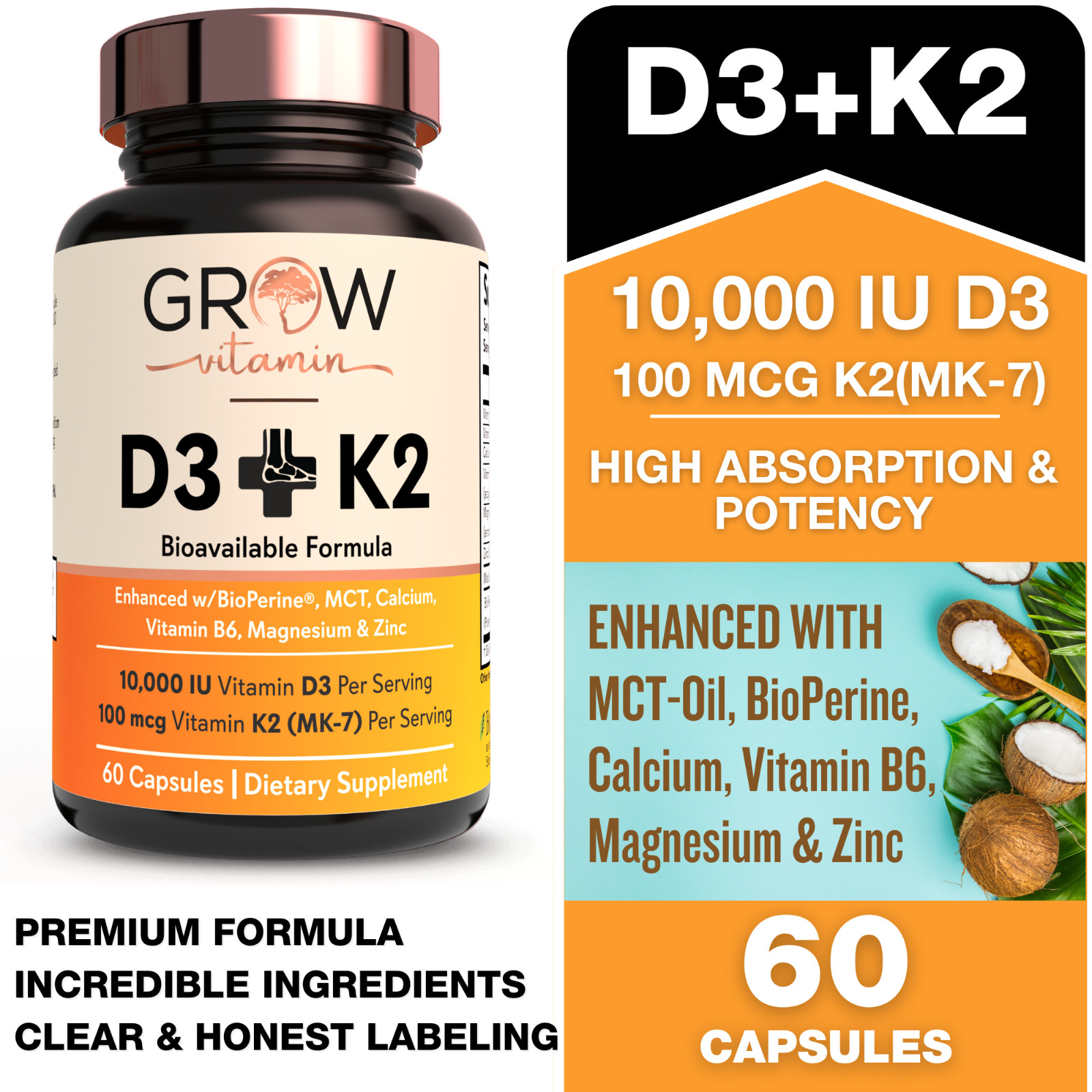 Organic Vitamin D3 & K2 w/MCT Oil (10,000 IU) – 60 Capsules – Grow Vitamin