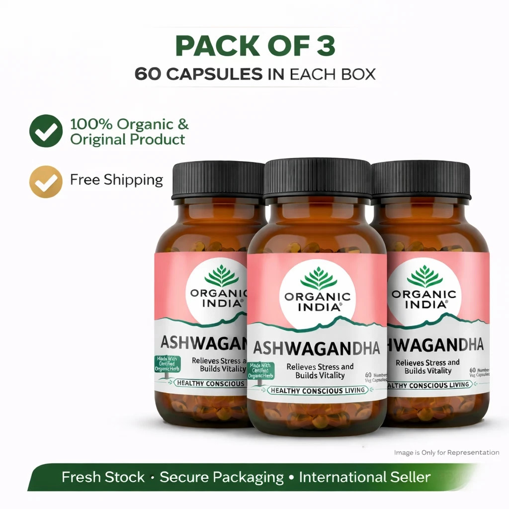 Organic India Ashwagandha 60 Veg Capsules 400mg Ayurvedic Herbal 3 Pack Energy