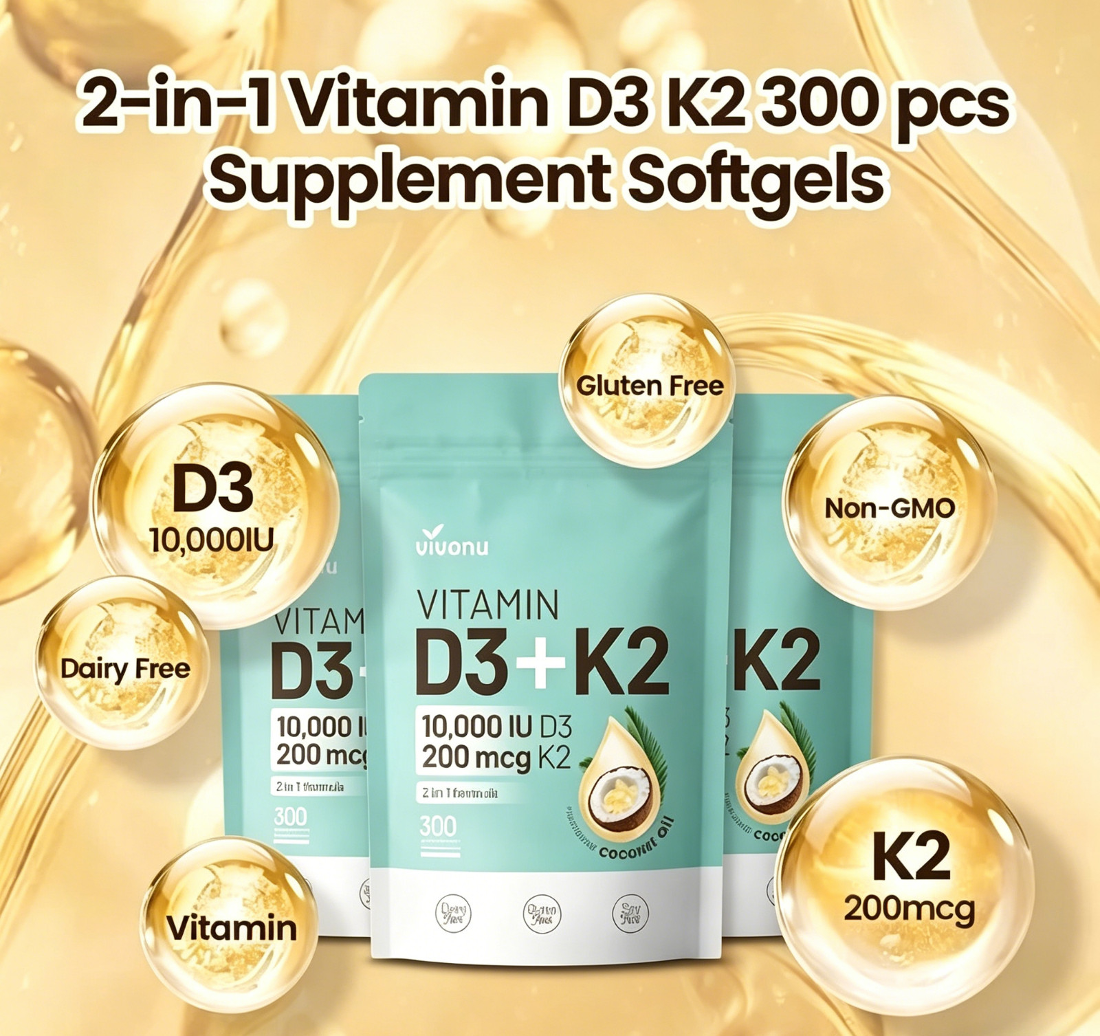 3 Pack VivoNu D3 K2 Softgels with Virgin Coconut Oil, 300 Softgels Per Bag