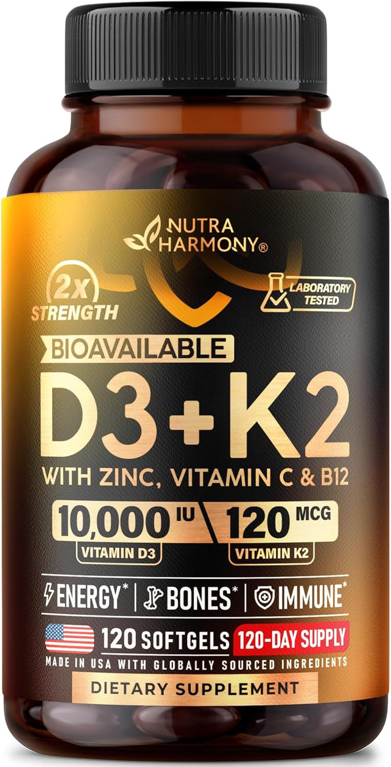 Vitamin D3 K2 – Vitamin D3 10000 Iu & K2 120 Mcg – Immune & Mood Support, for Bo