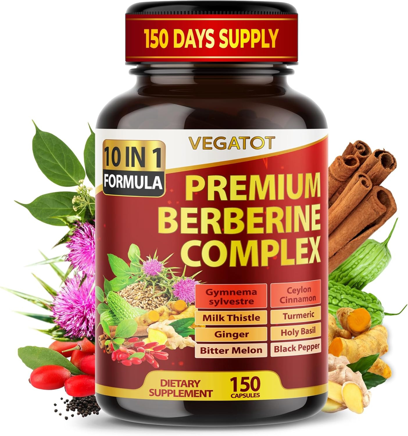 VEGATOT GlucoSavior Berberine Supplement with Ceylon Cinnamon, Bitter Melon, Gym