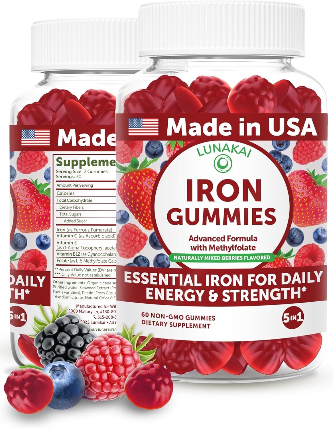 USA Made 100% Daily Value Iron Gummies with Vitamin C, B12 & Methylfolate 60ct