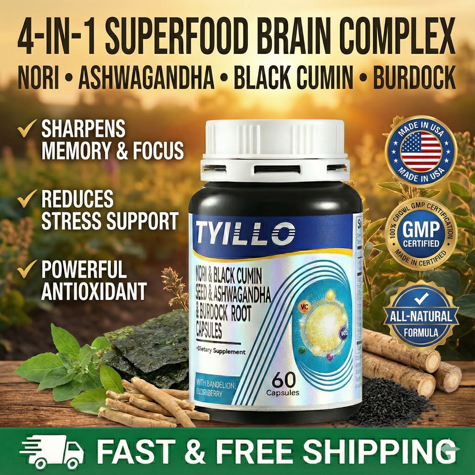 TYILLO Nori Black Seed & Ashwagandha Capsules – Vitamin C+D3 Blend, 60ct