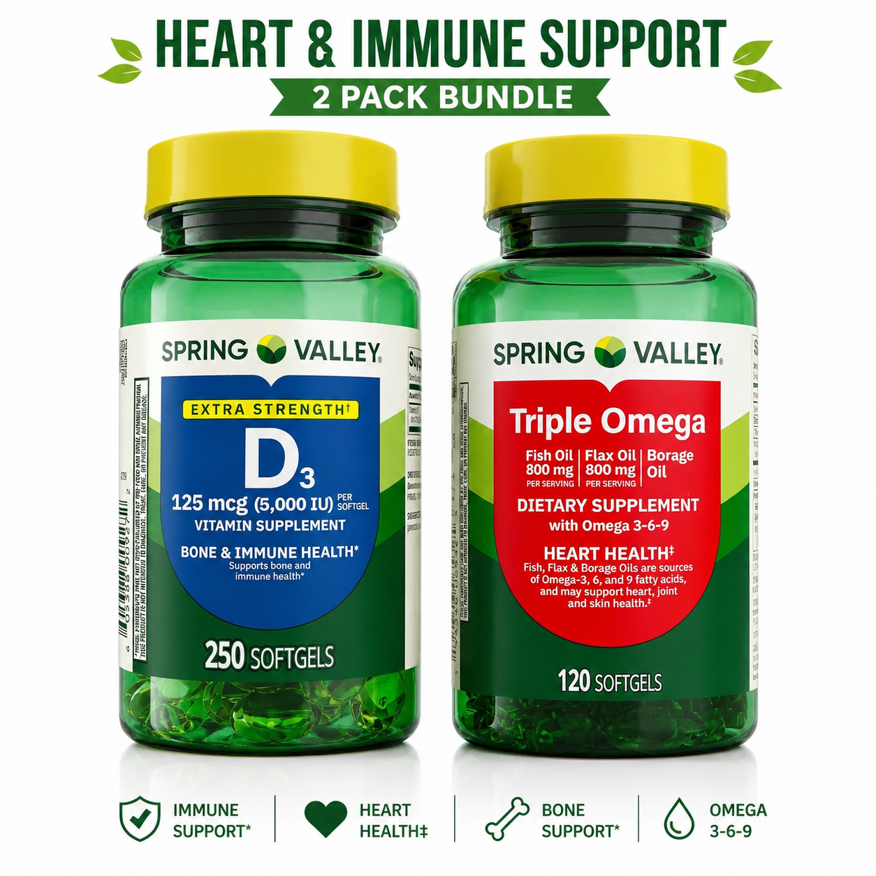 Vitamin D3 5000 IU + Omega 3 6 9 Softgels Bundle Heart Immune Bone Support 2 Pac