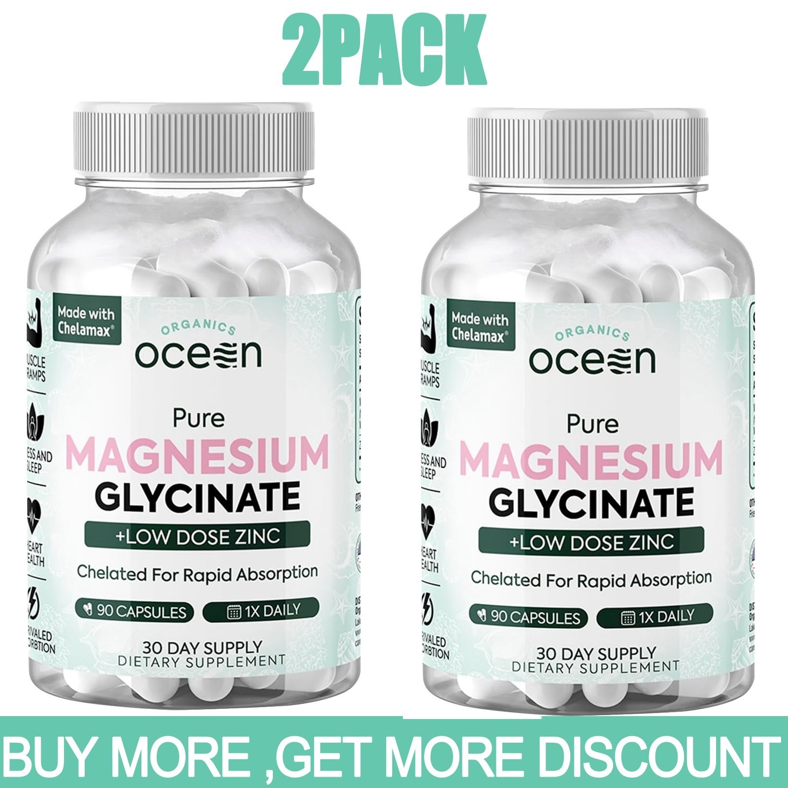2Pack Organics Ocean Pure Magnesium Glycinate Low Dose Zinc Chelated 90 Caps