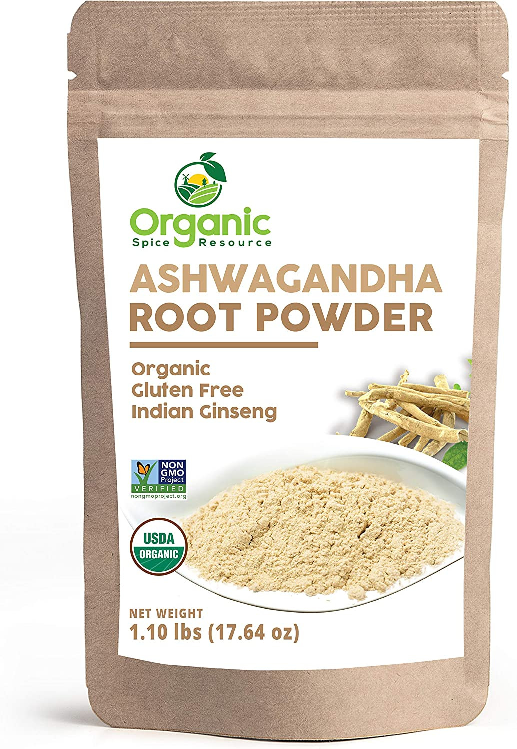 Organic Ashwagandha Root Powder – 1.10 Lbs (17.64 Oz) | Resealable Kraft Bag,Non
