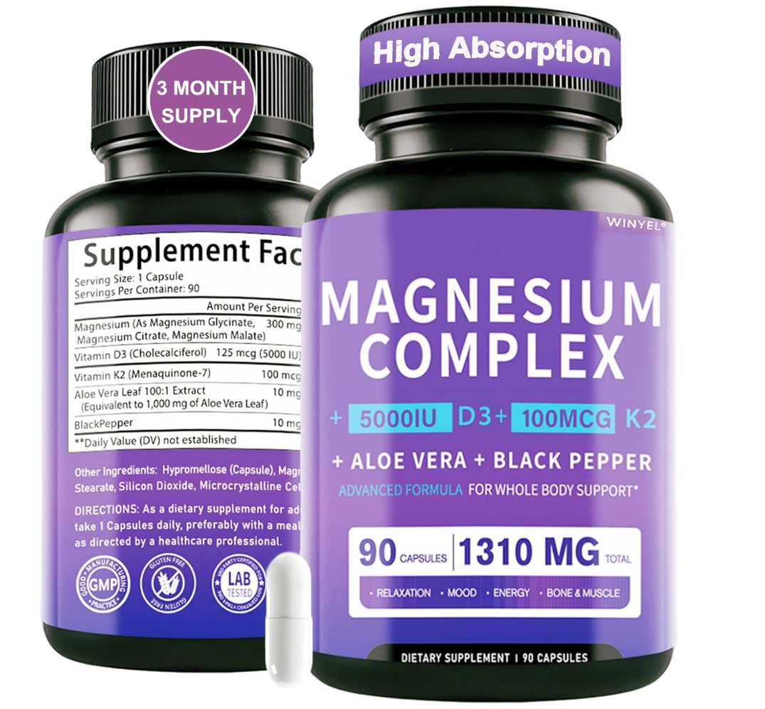 Magnesium Glycinate + D3 K2 & Aloe Vera –1310mg | 90 Capsules | Chelated | USA