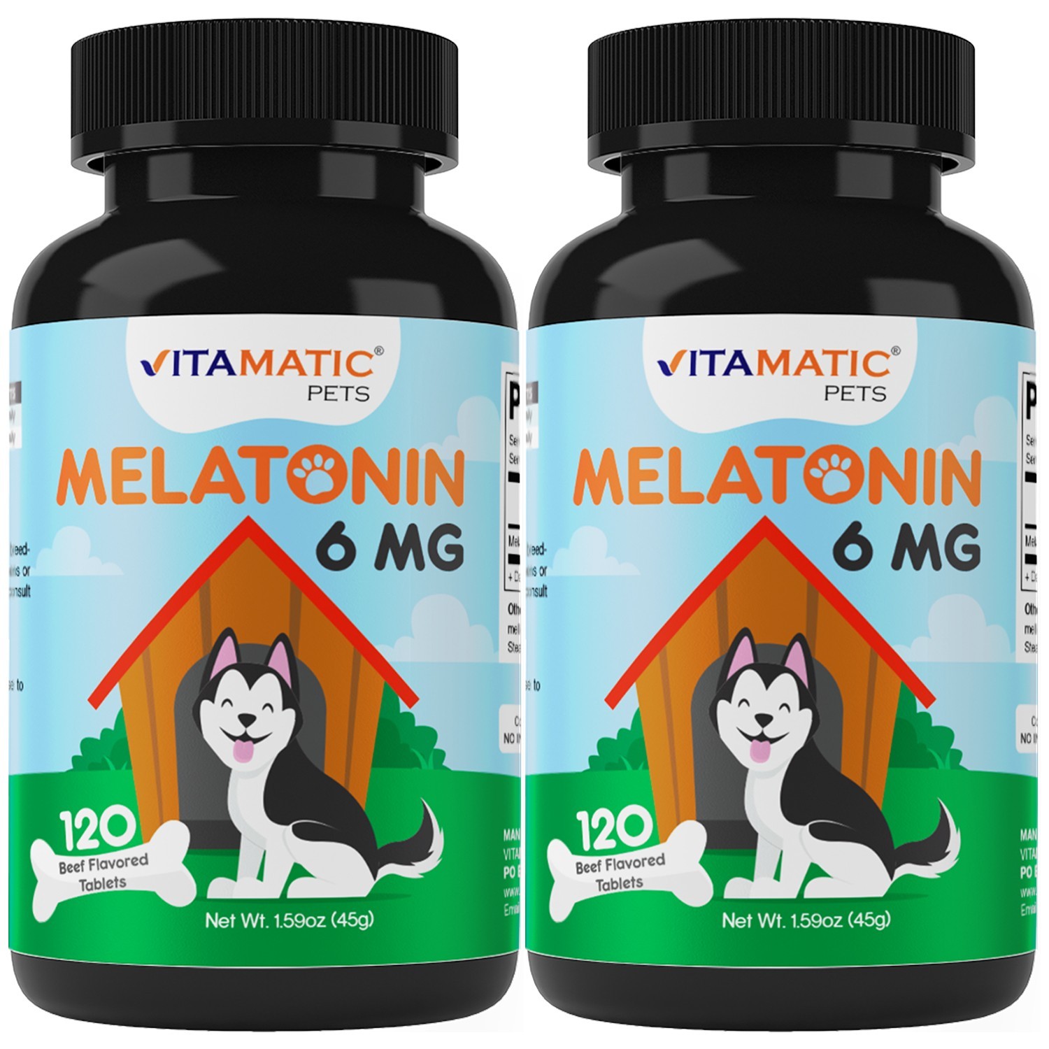 2-Pack Vitamatic Melatonin for Dogs  6 mg  120 Beef Flavored Chewable Tablets